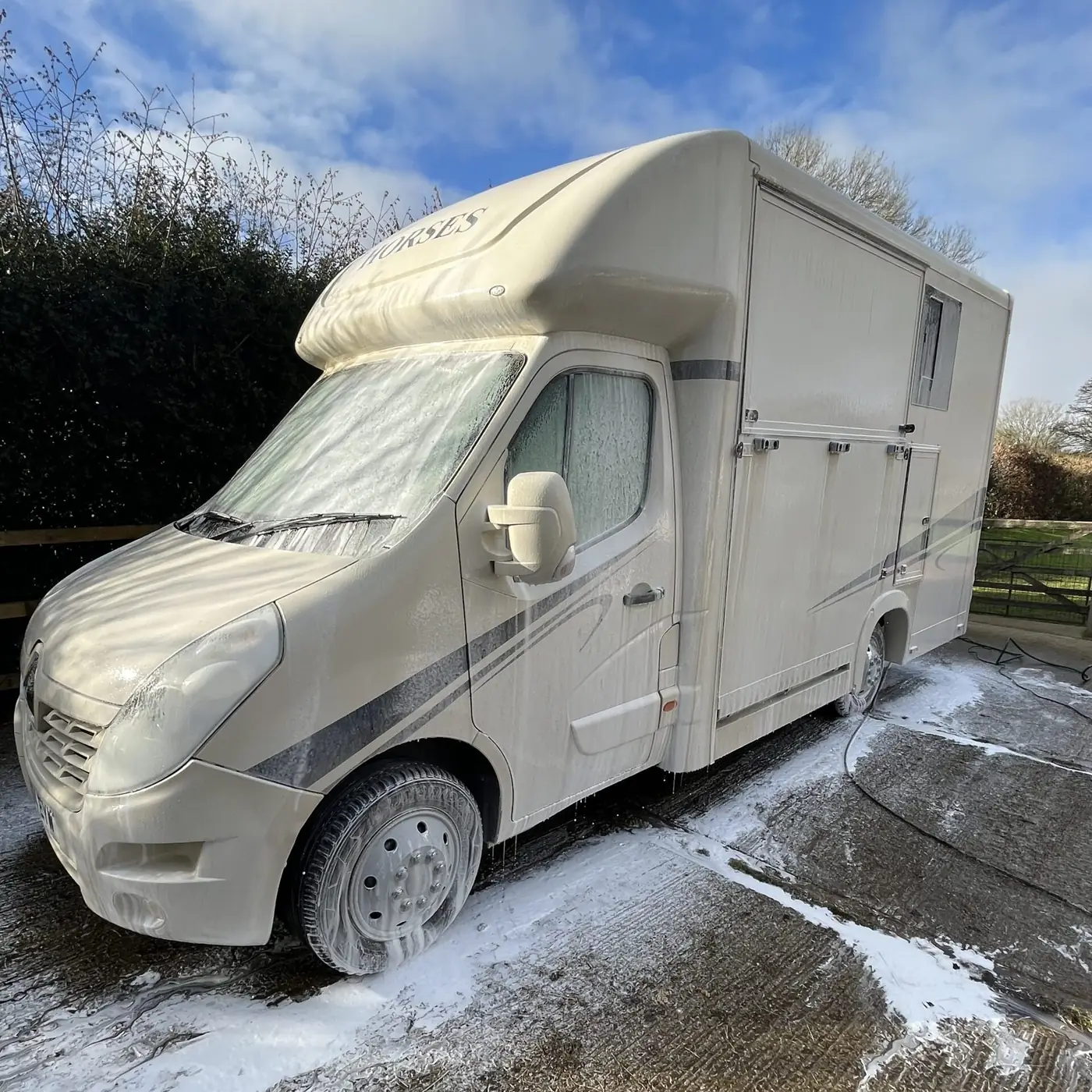 Horsebox covered in snow foam