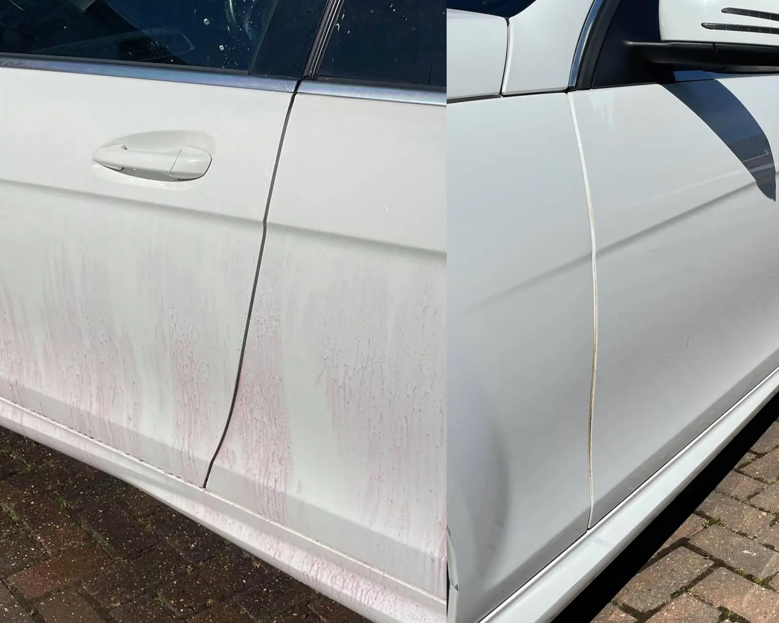 White car door before and after decontamination