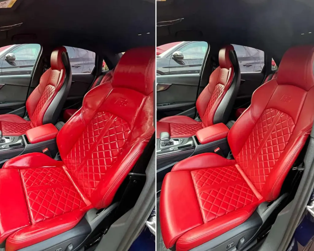 Red quilted leather seats before and after treatment