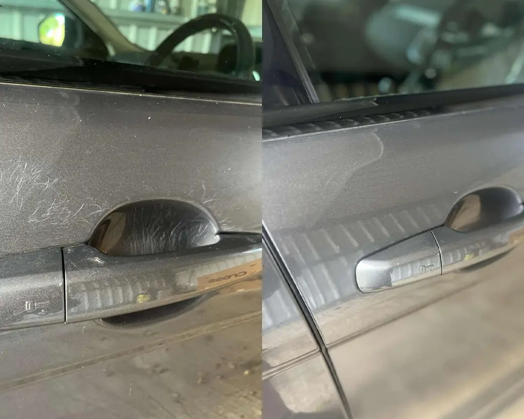 Door handle area before and after scratch removal